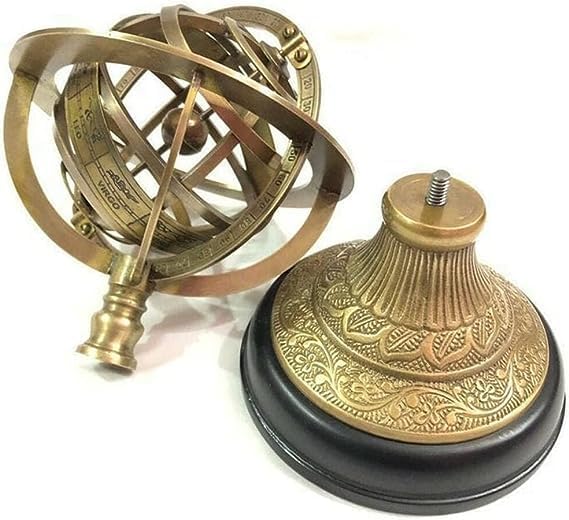 8" Nautical Brass Engraved Armillary Sphere Globe on Wooden Base Decorative Handmade by TSSI HANDICRAFT.
