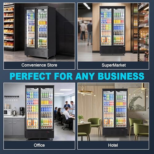 Image of 34 Cu.Ft Commercial Display Refrigerator, Space-Saving 2-Door Glass Front Merchandiser, Reach-in Beverage Cooler with Lock for Cafe, Office and Small Grocery, 10 Removable Shelves