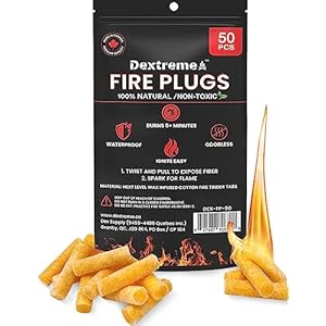 Fire Plugs (50) Waterproof Fire Starter for Campfires, Emergencies, Survival, Fire Pits, Grills | 5+ Minute Burn | All Natural | Made in North America