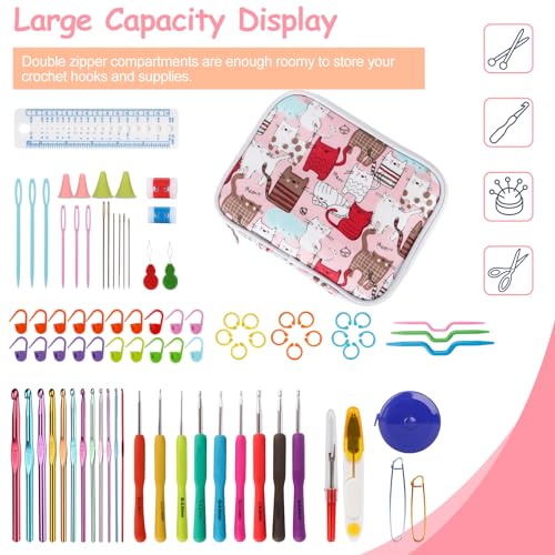 Image of Katech Crochet Hooks Case Empty Zipper Bags Portable Travel Crochet Storage Bag Organizer with Web Pocket and Crochet Holder Slots for Carrying Various Crochets Needles (Pink)