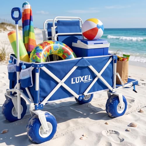 Image of Beach Wagon with Big Wheels for Sand - Heavy Duty Collapsible Folding Utility Wagon Cart 300lbs Capacity with 9 inch All-Terrain Pneumatic Tires & Cup Holders - Portable Garden Camping Outdoor Cart (Blue)