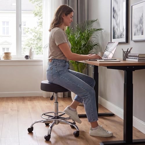 Image of VEVOR Rolling Stool with Wheels Footrest, 500 lbs Weight Capacity, Height Adjustable, Thick Cushion Ergonomic PU Leather Seat, 360 Swivel Round Rolling Stool Chair for Salon, Clinic, Medical, Black