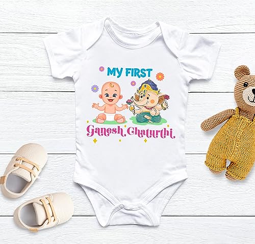 Image of Lillypupp My First Ganesh Chaturthi Dress For Baby Boy Girl | Baby Ganesha Romper Gift For New Born Photography | Ganpati Bappa Morya Baby Photoshoot Dress |