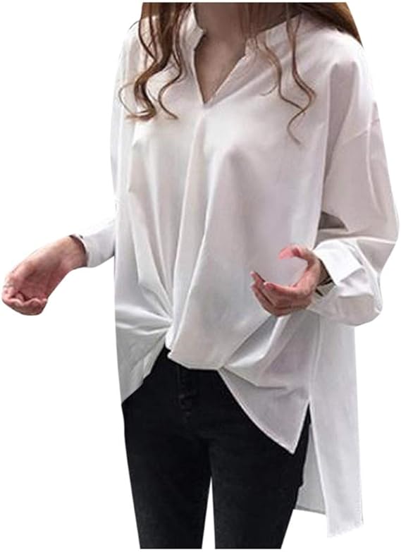 Amazon Co Jp Cookinty トップス レディース ゆったり シャツ ブラウス プルオーバー Tシャツ カットソー Vネック ボタン 無地 春服 秋服 カジュアル シンプル 大きいサイズ 秋冬 長袖 おしゃれ お洒落 着やせ 人気 通勤 日常 韓国 可愛い 柔ら 安い 服 ファッション小物
