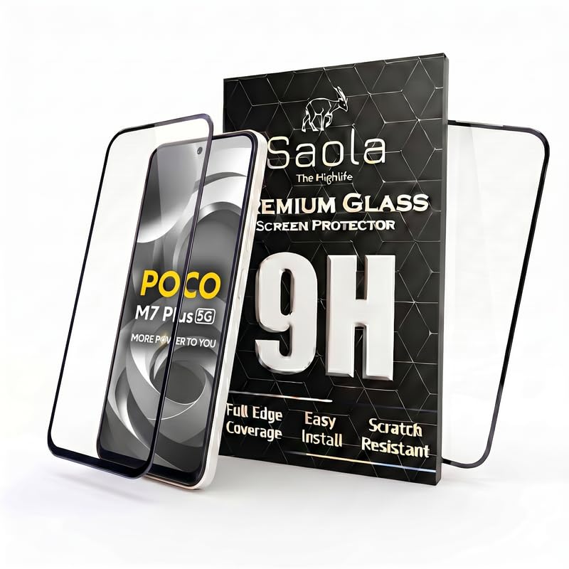 Image of Saola HD Clear Tempered Glass for Poco M7 Plus | High Strength 9H Protection, Smooth Touch, Full Coverage Screen Guard, 2-Step Installation Kit | Quick & Easy Application (Pack of 2)