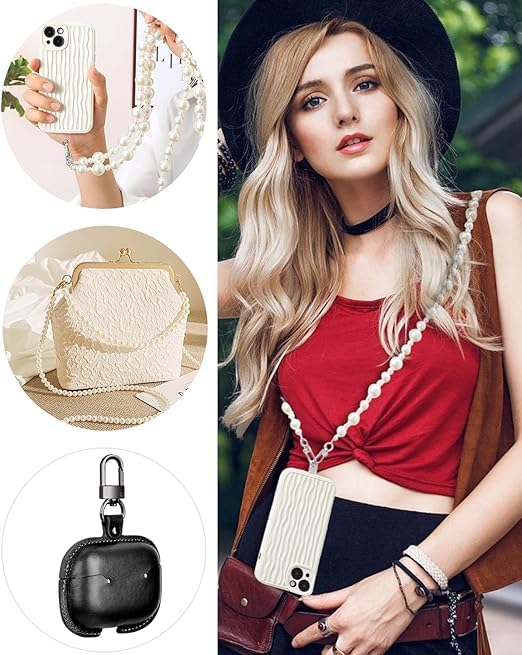 Image of KHOLAD White Bow Phone Chain Crossbody Pearl Strap | 2in1 Wrist & Shouler Crossbody Lanyard | Pearl Beads Charms Chain with Phone Tether Patches | Compatible with Most Phones, Bag, Purse