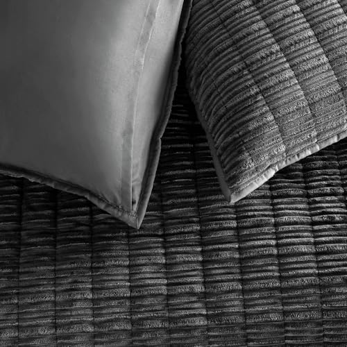 Image of Wonderful Corduroy Texture Black Grey Quilt Set Queen - Hypoallergenic Skin-Friendly Soft Plush Velvety Touch Bedspread, Classic Vertical Striped Lightweight Coverlet for All Season, 106 inchx94 inch