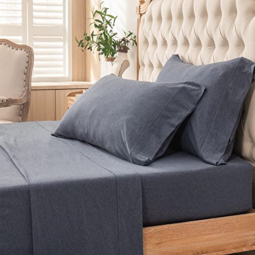 PURE ERA Jersey Knit 4pc Bed Sheet Set 100% T-Shirt Heather Cotton Super Soft Comfy Breathable Fits Mattress Up to 15" Extra Deep Pocket (Heather Navy Blue, Twin)