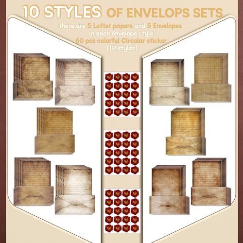 Image of Taobary 160 Pack Stationery Paper Set,Vintage,8.5 x 11 Inch | stationery paper and envelopes set,50 Double Sided Stationery Writing Papers 50 Matching Envelopes 60 Round Dot Sticker