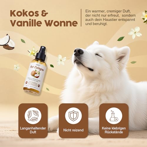Hundeparfüm Spray – Kokos & Vanille Duft, 2-in-1 Deodorant & Pflegespray mit leichter Entfilzungswirkung für Hunde und Katzen, langanhaltender Frischeduft, nicht klebend – 120 ml