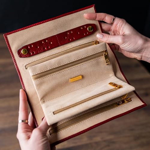 Image of Time Resistance Leather Jewelry Roll - Full Grain Leather Travel Jewelry Case - Jewellery Organizer Made in Italy (Red)