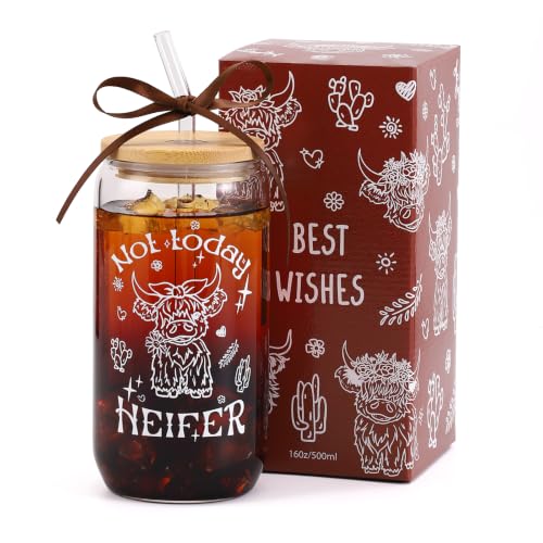 KORHONEN Highland Cow Gifts for Women, Glass Cup with Lid and Straw - image 1