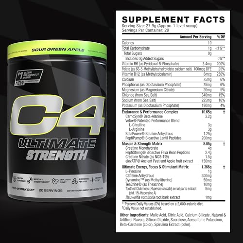 Image of Cellucor C4 Ultimate Strength Pre Workout Powder - Tri-Stim Experience 300mg Caffeine+TeaCrine+Dynamine - Creatine & Beta-Alanine - Energy Supplement for Men & Women - Sour Green Apple, 20 Servings