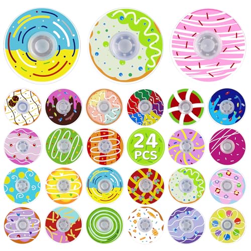 SCIONE Lote de 24 Fidget Spinners de Dónut para Niños – Mini Dónuts Coloridos para Detalles de Fiesta, Juguetes Sensoriales de Tema Dulce, Premios para Juegos, Recompensas para el Aula (4 cm)
