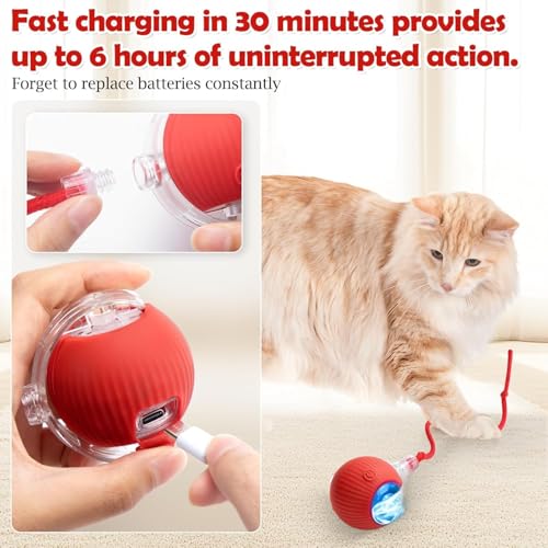 Image of Interactive Cat Toy - Cat Toys for Indoor Cats Smart Silicone Rolling Ball with Tail,Bird Sound,Obstacle Avoidance and Motion Activated,Kitten Puzzle Toys (Red)