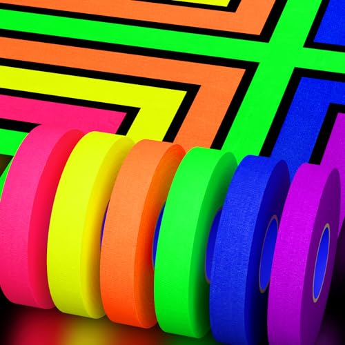 Image of SWRT Neon Gaffer Cloth UV Blacklight Tape for Halloween Decorations, 6 Rolls Multi-Color UV Fluorescent Glow in The Dark Tape for Party Decoration, Dance Floors, UV Party (0.6 inch x 120 feet)