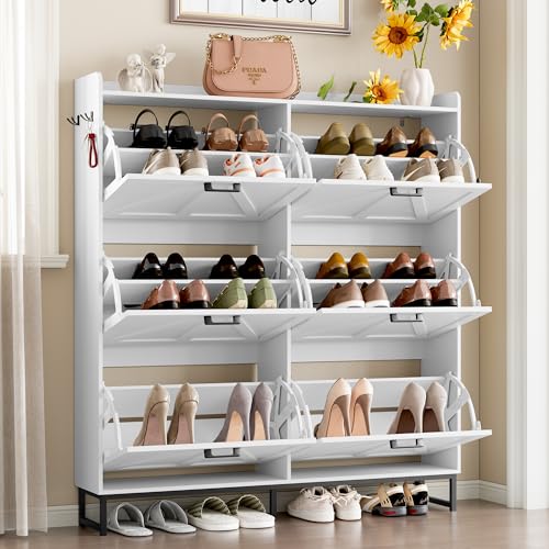 Image of BORNOON Shoe Cabinet with 6 Flip Drawers Narrow Shoe Storage Cabinet Organizer Wooden Freestanding Shoe Rack Hidden Slim Shoes Storage Cabinet for Entryway, Hallway, Living Room, Bedroom