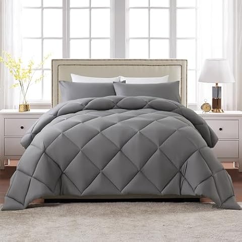 ELNIDO QUEEN® 3PCS Full Size Comforter Set with 2 Pillow Sham -3PCS Soft Quilted Warm Fluffy Bed Set - Quilted Duvet Insert with Corner Tabs - Box Stitched Blanket- Grey - （82x86inch） 180GSM Cover