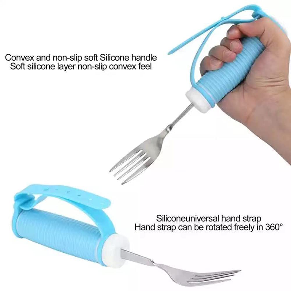 Kit Adaptable de Tenedor Y Cuchara para Temblores de Mano Cubiertos Flexibles con Cinturón de Mano Vajilla Antivibraciones de Ayuda para Pacientes de Edad Avanzada Y con Parkinson