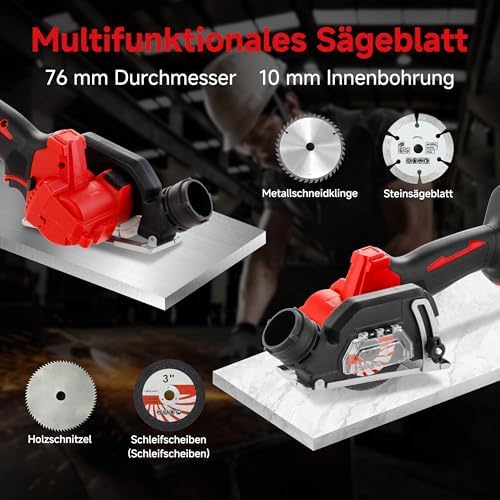 Bild 5 - TEENO Akku-Mini-Handkreissäge, Akku Handkreissäge mit LED-Leuchte, 2x 4,0Ah-Akkus, Einstellbarer Schnittwinkel, 20000 U/min, 3 Sägeblätter inklusive Schleifscheibe für Metall, Holz und Fliesen