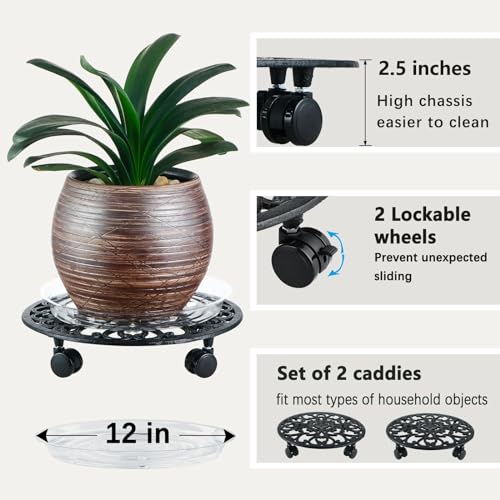 2 Packs Rolling Plant Stand with Wheels Metal Plant Caddy with Wheels Heavy Duty 14\'\' Round Plant Stand Indoor Iron Plants Rollers for Plants, Plant Dolly with Plant Saucers