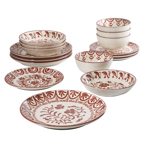 Image of Bloomhouse - 2-Time Oprah's Favorite Things - Valencia Flor 16 Piece Dinnerware Set, Artisanal Decorated Stoneware Plates & Bowls, Service for 4, Microwave & Dishwasher Safe, Pomegranate Red