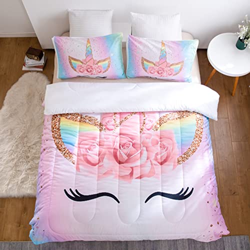 Nvoart Unicorn Bedding Flower Comforter Set Twin Size Soft Bed Sets 2 Pieces Pink Bedroom Decor For Girls（1 Comforter And 1 Pillowcase） #TOP3