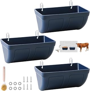Hanging Chicken Feeder Trough for Goat Sheep Deer Poultry Duck Chicken Fence Feeder Livestock Feeding Container Goats Supplies Feeders Waterer Bucket, 3pack Blue
