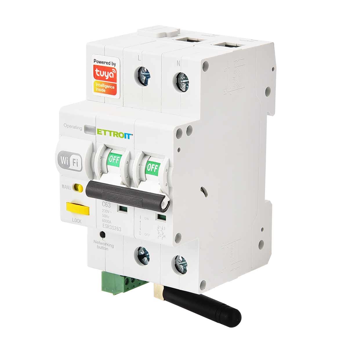 ZOREI Interruttore Magnetotermico Smart WIFI, 2P 63A 230V 30mA 6000A, App TUYA, Occupa 3 Moduli DIN, Antenna WiFi incluso