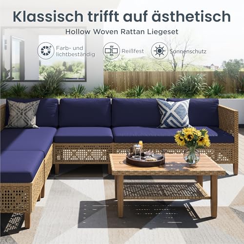 PHI VILLA Rattan Gartenmöbel Set Balkonmöbel 6 Personen, Lounge Möbel Outdoor Gartenlounge Gartensofa mit 1 Chaise Longue… – Ansicht 2