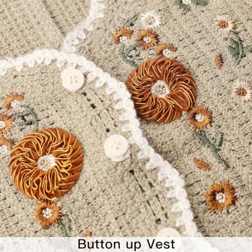 Image of Womens Floral Print Sweater Vest Sleeveless V Neck Vintage Button Front Cardigan Crochet Crop Knit Vest Top Coffee Small