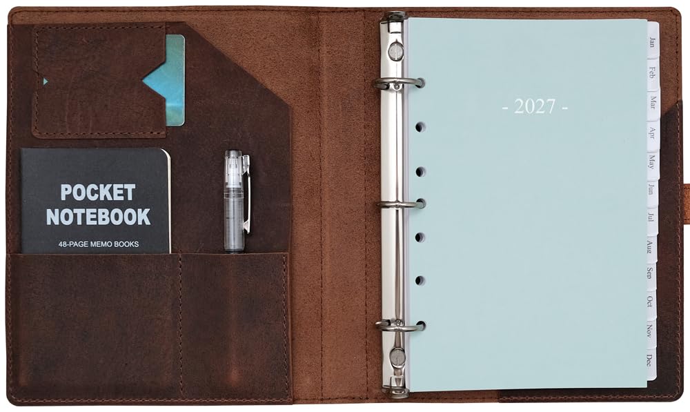 Fan&Ran Planificador de cuero 2025 de 5.5 x 8.5 pulgadas con carpeta de cuero de 3 anillas, páginas semanales y mensuales del año completo 2025, bolsillos interiores, recargable