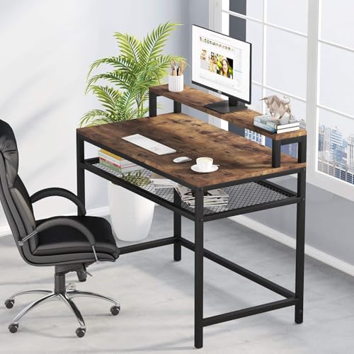 Image of Study Table | Computer Desk with Monitor Stand | Industrial Simple Study Writing Desk with Mesh Storage Shelf for Home Office | Rustic Brown | 120x55x90 cm