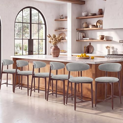 Image of MALOL Counter Height Bar Stools Set of 6, Kitchen Bar Stools with Back, Mid Century Modern Upholstered Barstools with Wood Legs for Kitchen Island Dining Room, Light Grey