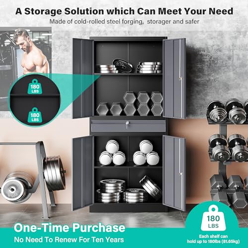 Image of Metal Storage Cabinet with Doors and Shelves,Garage Storage Cabinets with Lock and Drawer,Metal Cabinet with Locking Doors,4 Door Steel Cabinet,71 inch Tall Lockable Cabinets for Garage,Home,Office