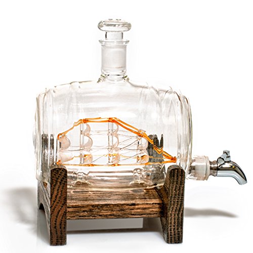 Bourbon Barrel Whiskey Decanter With Ship - 1000ml Liquor Dispenser - Sailing/Boating Gifts for Men and Women, Nautical Decor Retirement Gift (Tomoka Gold)