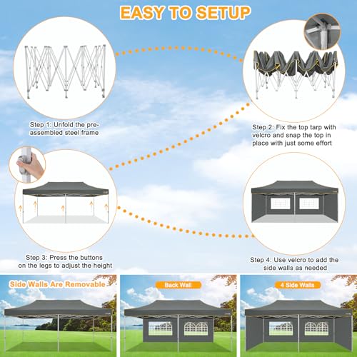 Image of HOTEEL 10x20 Heavy Duty Pop Up Canopy Tent with 4 Sidewalls, Commercial Outdoor Canopy Tents for Parties Event Wedding with Roller Bag, Waterproof & UV 50+, Upgraded Thickened Hexagonal Legs, Gray