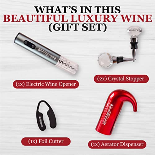 Power Dreams - Wine Gift Set & Best Wine Bar Kit (*5 In 1)-Wine Aerator Decanter Dispenser Pourer, Electric Bottle Opener Corkscrew, Bottle Stoppers X2, Foil Cutter, *Christmas Holiday+Birthday Gifts #TOP5