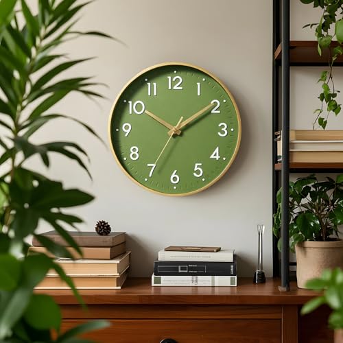Image of Mosewa Wall Clock 10 Inch, Battery Operated Silent Non-Ticking Modern Analog Clock Decorative for Kitchen, Bedroom, Office(Olive Green and Gold)