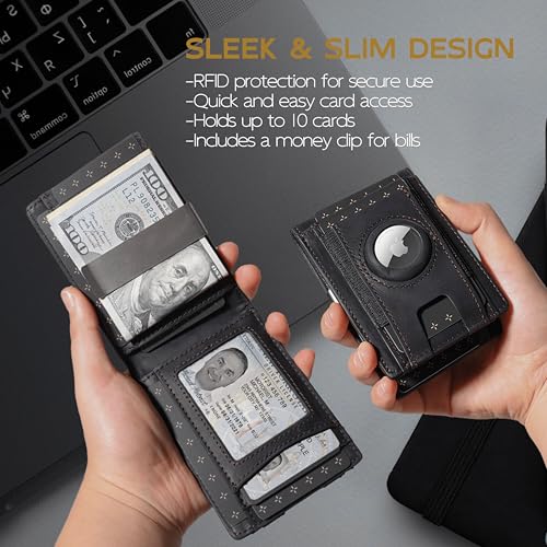 AirTag Wallet for Men, Genuine Full Grain Cow Leather Wallet with Air Tag Holder, Slim, Smart, Minimalist, RFID Blocking, ID Window, Leather Airtag Money Clip Wallet2