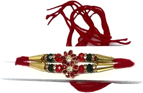 Miniatura 5 de Rakhi para hermano pequeño, regalos de Raksha Bandhan, colgante de flor roja con cristal rojo-verde con anillos de piedra, hilo Rakhi, color - Juego