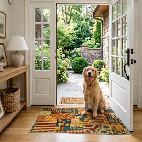 Quntue 2x3 Easy Jute Entryway Rug Farmhouse Patchwork Tan Front Door Mat