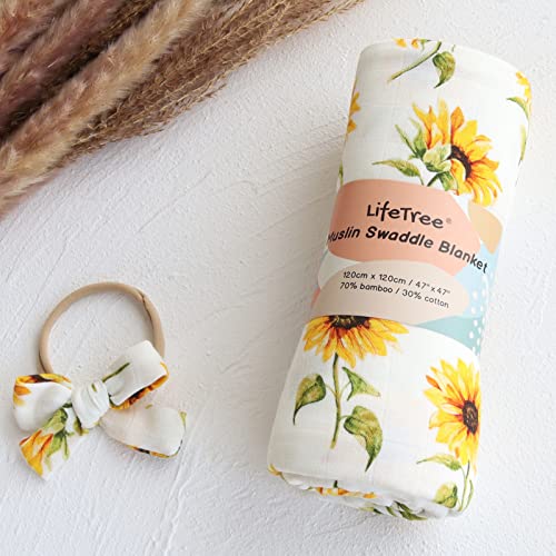 Image of LifeTree Baby Muslin Swaddle Blankets for Boys & Girls, Newborn Swaddle Set with Matching Headband Bow, Infant Blanket Wrap, 47 x 47 inches, Sunflowers, 70% Viscose from Bamboo and 30% Cotton