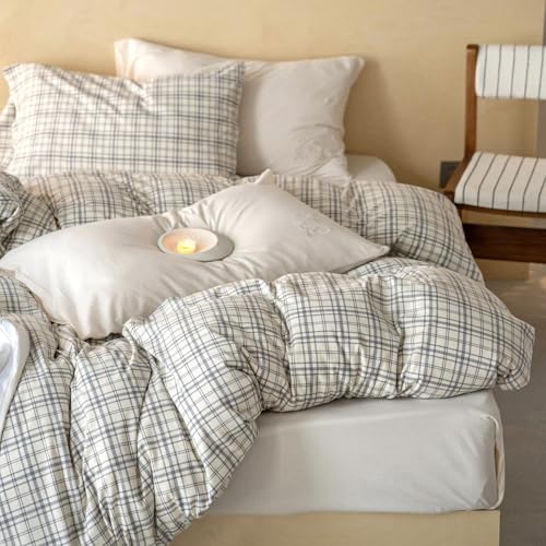 Image of VM VOUGEMARKET Gray Gingham Duvet Cover Queen,Soft Jersey Knit Cotton Duvet Cover Matching 2 Pillow Shams,3 Pieces Grey White Bedding Set Without Comforter-90 x90