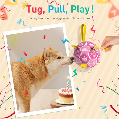 Image of QDAN Dog Birthday Toys, Puppy Gifts, Dog Soccer Ball with Straps, Pink | 8 Inch Outdoor Herding Balls for 30-90 lbs Dogs, Interactive Training Soccer Toy for Tug of War, Dog Ball to Keep Them Busy