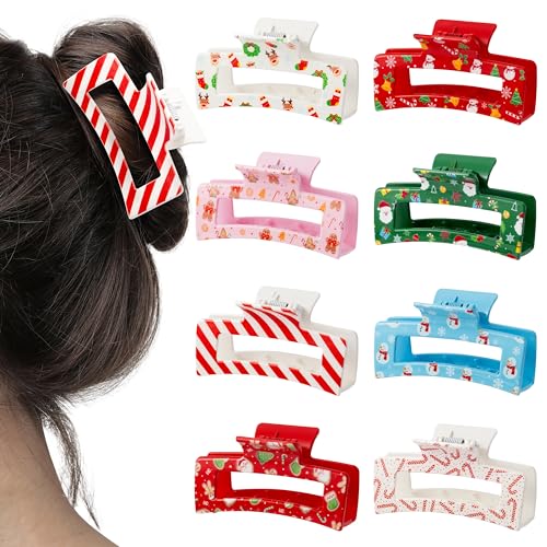 PANTIDE 8Pcs Christmas Hair Claw Clips for Women Girl - Xmas Candy Cane Snowflake Red Green Rectangle Nonslip Banana Hair Clips Thin Thick Short Long Curly Accessories Christmas Party Gift
