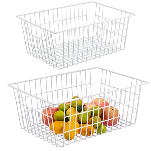 Ipegtop Wire Storage Freezer Baskets, Set Of 2 Large 15.2" Farmhouse Organizer Storage Bins Fridge Basket Rack With Handles For Kitchen Cabinets, Pantry, Office, Bathroom Organization- White #TOP7