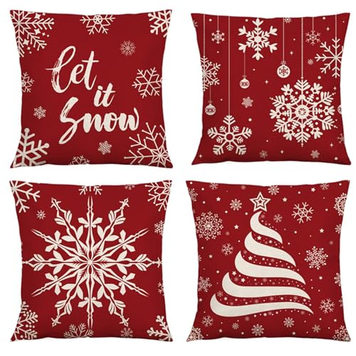 Kissenbezug 30x30 cm 4er Set Leinen Outdoor Kissen Rot Weihnachten...