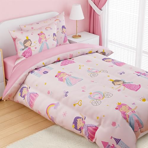Image of SANDJEST Princess Comforter Set Full Size 98x86in for Kids Girls, Microfiber Bedding Set 4 Pcs Includes 1 Comforter, 2 Pillowcases, 1 Fitted Sheet, Nursery Room Decor Christmas Birthday