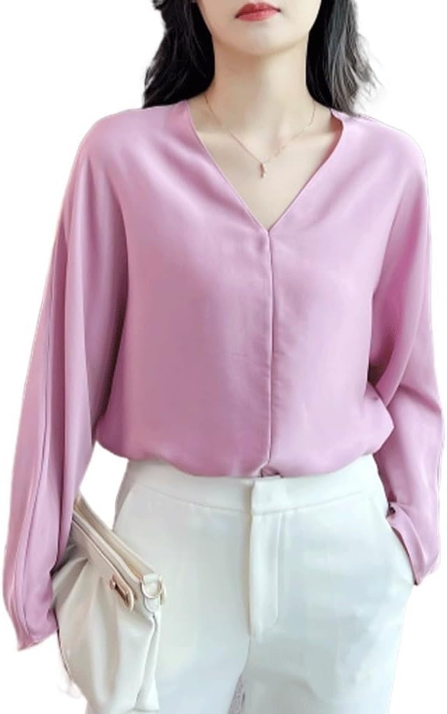 Solid Color Temperament V-Neck Pullover Silk Top Women Loose Bat Sleeve High-end Shirt(D,L Code)